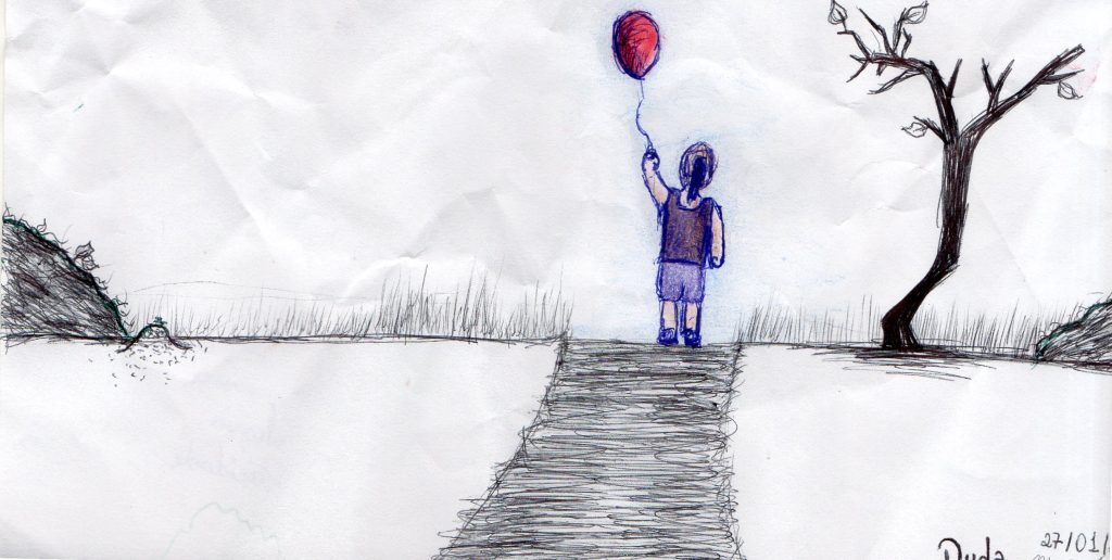 Desenho de uma menina olhando para um balão. O ambiente está com elementos mortos e sem vida, mas o balão representa um olhar para o futuro.