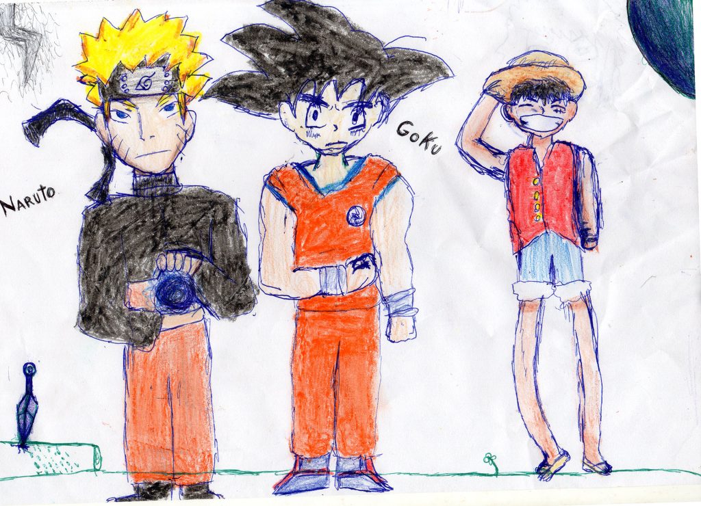 Naruto, Goku e Luffy, personagens de anime.