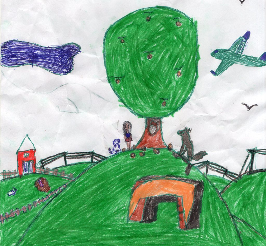 Desenho de uma fazenda que descreve uma "convivência natural" na visão de uma criança. Com um campo, cachorros e frutos.