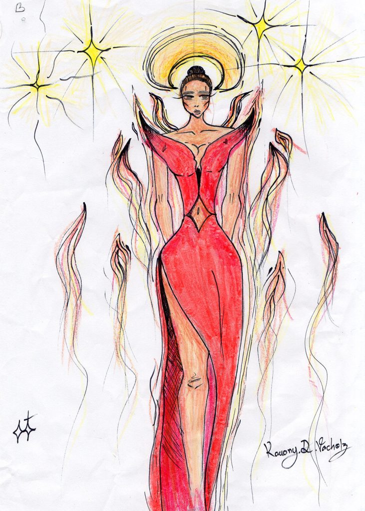 Desenho de uma mulher em um vestido vermelho.